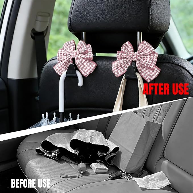 2PCS Car Seat Headrest Hooks, Car Purse Hook, Cute Bow Knot Vehicle Seatback Hanging Storage Organizer, Auto Seatback Decor Organizer Hanger for SUV Truck (Houndstooth/Pink) - Image 4