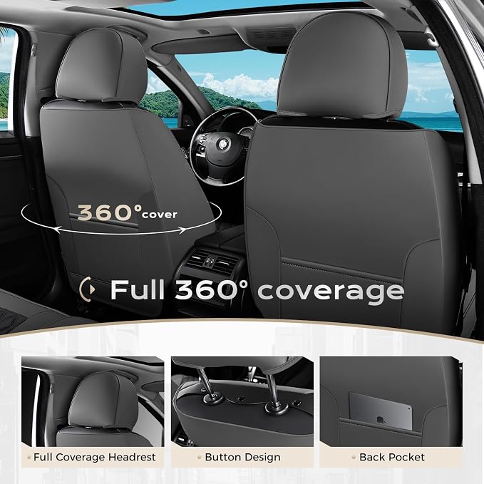 Coverado Car Seat Covers Front Seats, Minimalist Scratch-Resistant Waterproof Faux Leather Full Set with Rear Protectors, Business Daily Driving – GrayBlack - Image 3