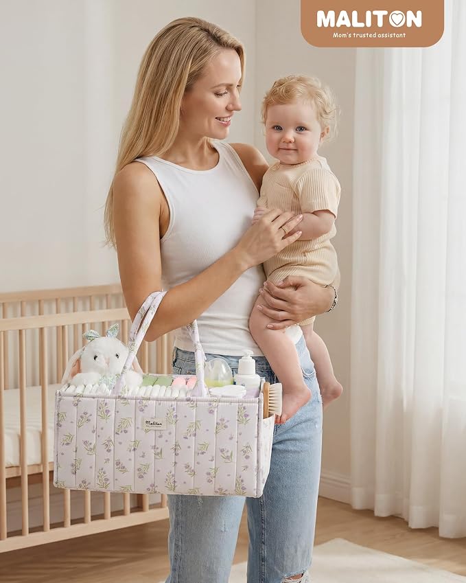 Maliton Diaper Caddy Organizer with 2 Side Pockets, Portable, Purple Floral | with Handle and Removable Dividers, Nursery Storage Basket, Car Organizer for Diapers & Wipes. Boy & Girl Shower Gift - Image 6