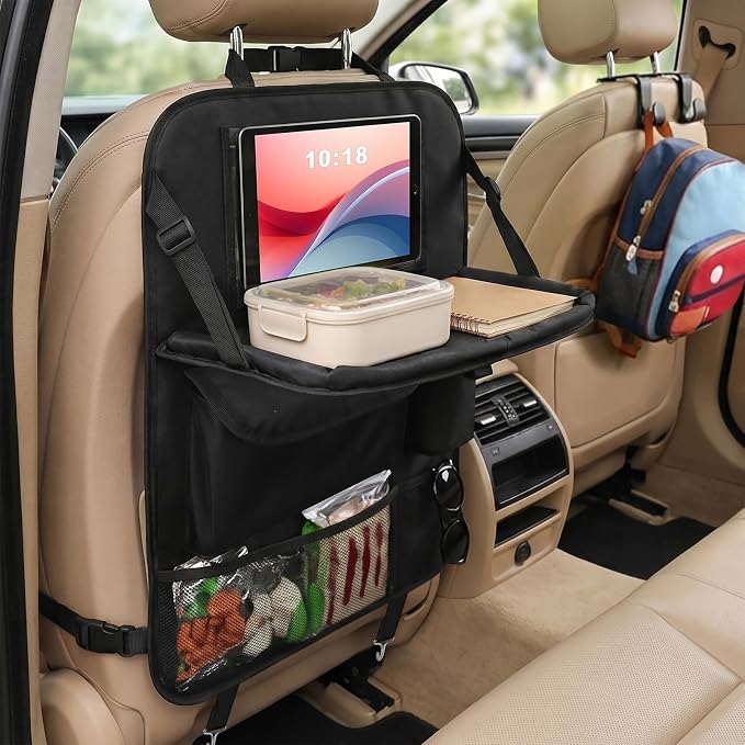 Backseat Car Organizer with Foldable Tray, Car Seat Organizer and Storage | Seat Back Protector Kick Mats, Universal Vehicle Travel Accessories with 2 Hooks for Kids and Family - Image 8