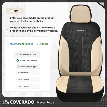 Coverado Seat Covers Full Set, Beige Car Seat Covers, PU Leather & Breathable Mesh Seat Protectors, 5-Piece Automotive Seat Covers, Universal Fit for SUVs, Trucks, Sedans - Image 3