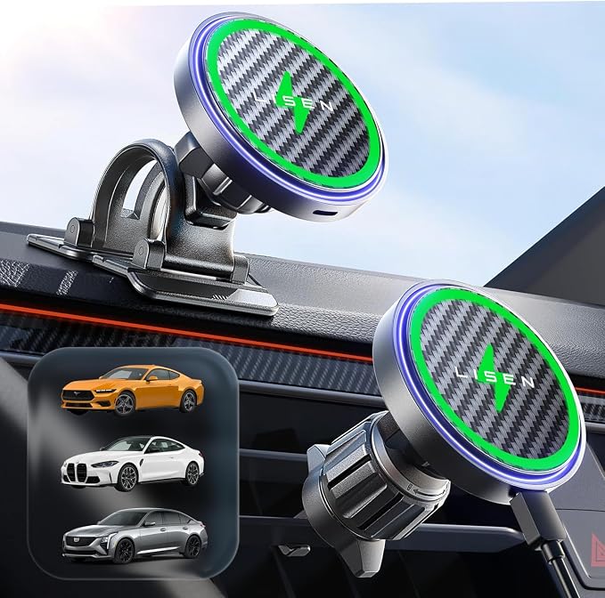 LISEN 15W MagSafe Car Mount Charger,[Carbon Fiber] Magnetic Wireless Car Charger, Dashboard & Air Vent Car Phone Mounts, Magnetic Phone Holder for Car Mount for iPhone 17/16/15/14/13/12, Samsung Pixel | Carbon Fiber 15W Magsafe Car Mount Charger, 2 in ... by Lisen