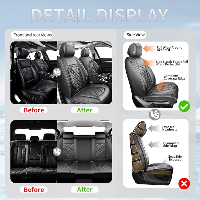 Fit Sienna Premium Leather Car Seat Covers for Toyota Sienna 2007-2025 2026 - Waterproof，Breathable，All-Weather Seat Cushion Protecto & Airbag Compatible, 2 Front Seat Black - Image 5