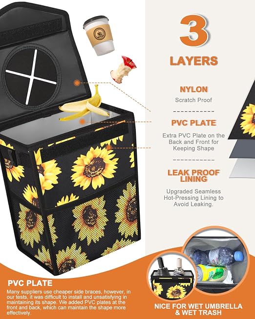 Pritent Car Trash Can with Lid Leakproof Car Garbage Bag Vehicle Trash Bin | Hanging Automotive Garbage Can,Multipurpose Car Accessories for Women Interior Car Storage Organizer(2 Gal,Black Sunflower) - Image 3