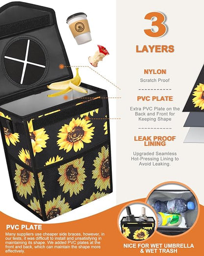 Pritent Car Trash Can with Lid Leakproof Car Garbage Bag Vehicle Trash Bin | Hanging Automotive Garbage Can,Multipurpose Car Accessories for Women Interior Car Storage Organizer(2 Gal,Black Sunflower) - Image 3