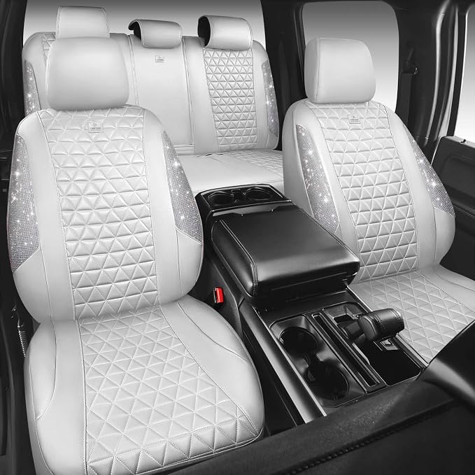 CAR PASS All White Bling Diamond Leather Car Seat Covers Full Sets,Waterproof Shining Glitter Sparkly Crystal Universal Fit for Automotive Truck SUV Cute Women Girl Airbag Compatable,Sliver Rhinestone - Image 6