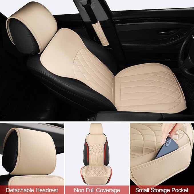 BEITK 2 Pack Waterproof Front Car Seat Covers for Car Truck SUV Beige | PU Leather, Scratch-resistant, Sideless Design, Universal Fit, with Storage Pockets and Seat Belt Pads, Easy to Install - Image 4