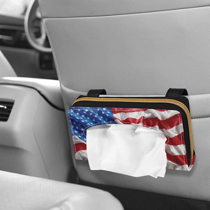 Biyejit 2 Pack Car Tissue Holder, 3D American Flag Car Mask Holder, Car Sun Visor Napkin Holder Backseat Tissue Case，Pu Leather Tissues Box - Image 4