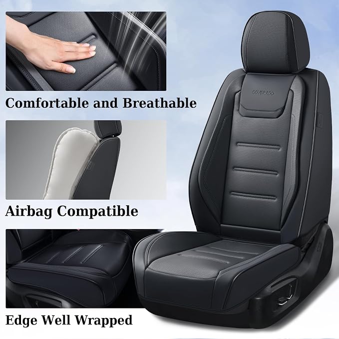 Coverado Car Seat Covers, Front Covers for Cars, Car Seat Cover Front Seats, Car Seat Protector Waterproof, Leather Car Seat Cushion, Universal Interior Covers Seat Protectors for Most Cars Black - Image 2