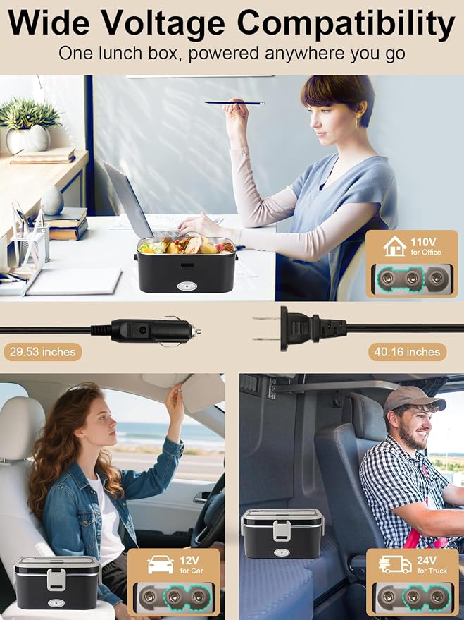 SOHIDA 1.8L+0.5L Heated Lunch Box for Men, 80W Electric Lunch Box with Long-handled Utensils for Adults, 12V/24V/110V Lonchera Eléctrica Portátil, Portable Food Warmer for Car/Truck/Office (B/G) - Image 4