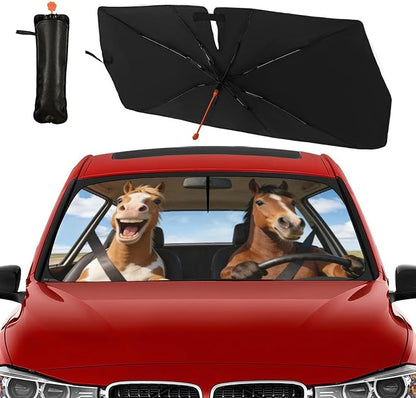 Horse Car Windshield Sun Shade Umbrella Bendable Handle Foldable Funny Horse Animal Driving Sunshade for Car Windshield Block UV Rays Keep Vehicle Cool for Most Sedans SUV Trucks 57"x30" - Image 5