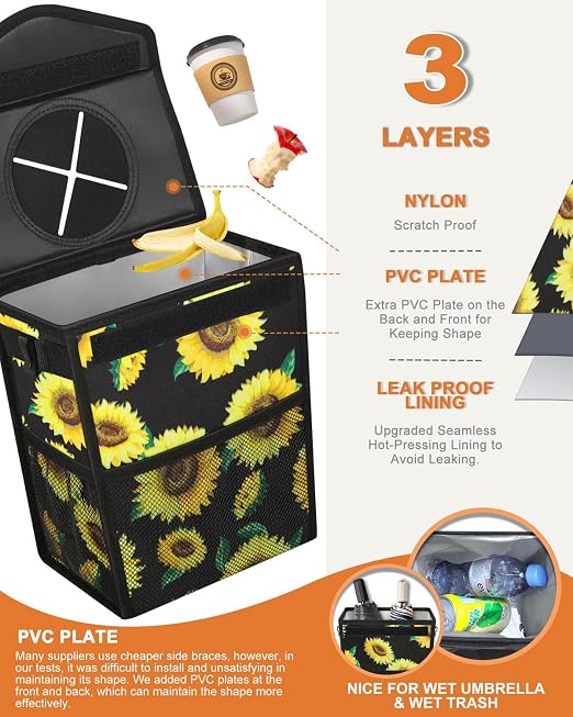 Pritent Car Trash Can with Lid Leakproof Car Garbage Bag Vehicle Trash Bin | Hanging Automotive Garbage Can,Multipurpose Car Accessories for Women Men Interior Car Storage Organizer(2 Gal,Sunflower) - Image 3