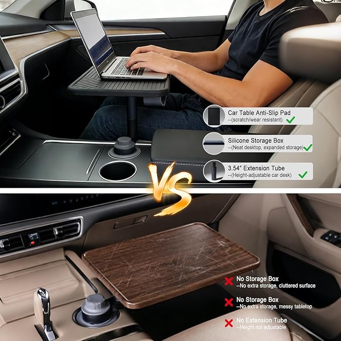 Car Desk for Laptop, Rotating Car Table Tray for Cup Holder | 360° rotating wood car tray, adjustable height with extension rod, fits 2.75-3.93 in round cup holders, desk mat and pouch - Image 5