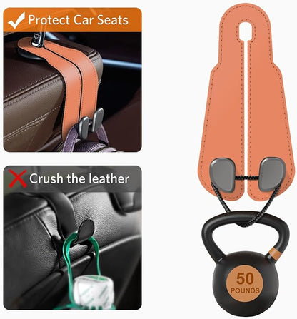 CoBak Purse Hook for Car - Universal Premium Stitched Leather and Aluminum-Magnesium Alloy Double Car Seat Back Storage Hook for Purses, Handbags, Bags (2 Pack),Coral Orange - Image 5