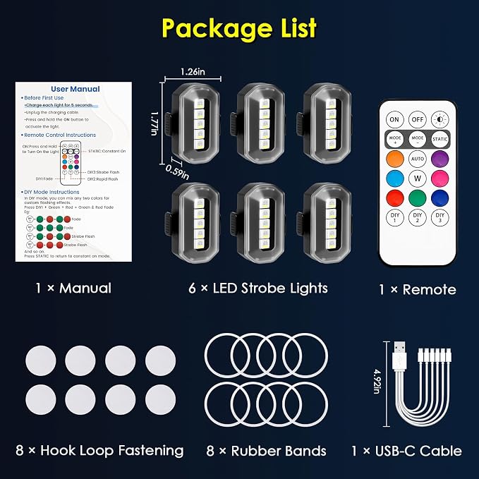 Upgraded 6PCS Wireless Strobe Lights for Car Motorcycle Bike Remote Bright 5 LEDs Anti Collision Lighting USB-C Rechargeable RGB Mini Exterior Warning Flashing Interior Ambient Light IP67 Waterproof - Image 7