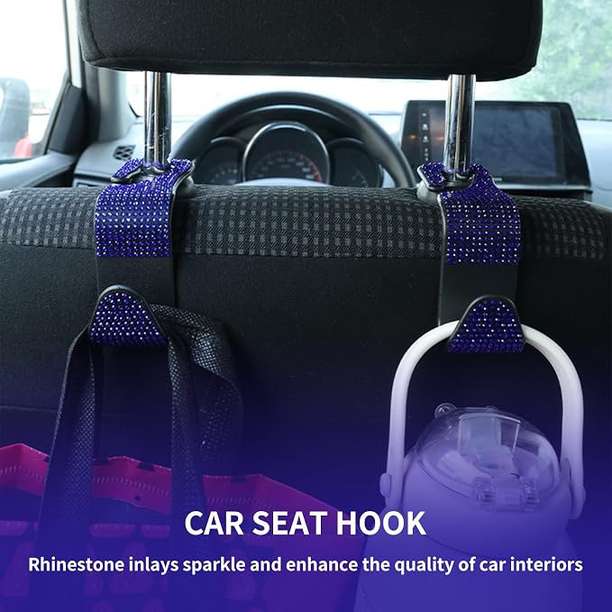 4PCS Bling Car Seat Headrest Hooks, Vehicle Back Seat Purse Handbag Hanging Holder with Crystal Rhinestone, Diamond Storage Organizer Hook,Bling Car Accessories for Women (Blue) - Image 5