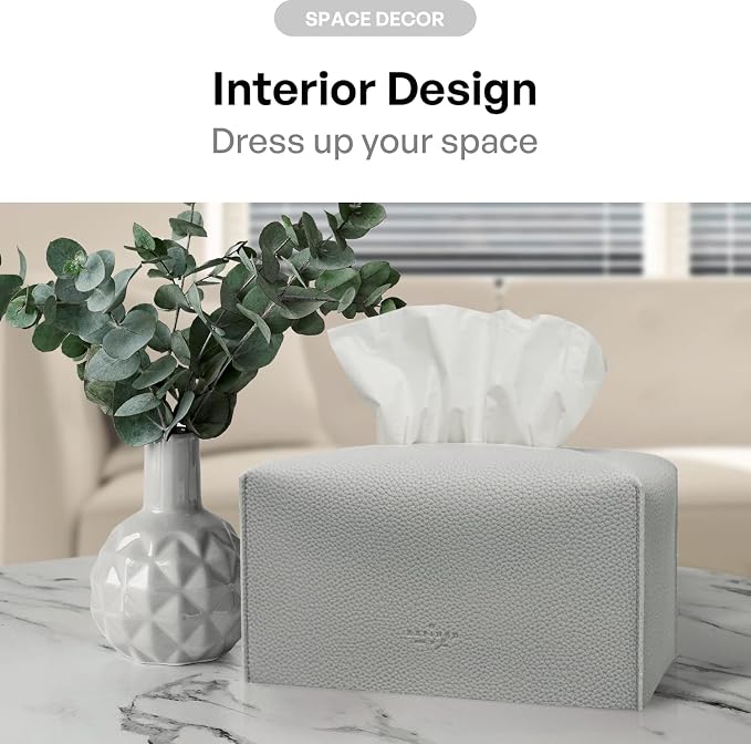 Carrotez Tissue Box Cover, [Refined] Modern PU Leather Rectangular Tissue Box Holder - Decorative Holder/Organizer for Bathroom Vanity Countertop, Night Stands, Office Desk 9.5"X5"X5" - Pastel Grey - Image 4