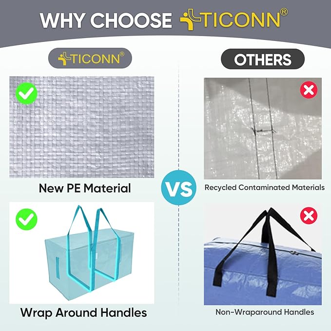 TICONN 6 Pack Extra Large Moving Bags Heavy Duty with Zippers & Carrying Handles, Durable Storage Bags Moving Boxes for Closet Organizers and Storage (6 Pack, Aqua) - Image 4