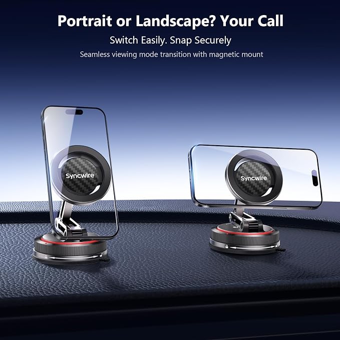 SYNCWIRE for MagSafe Car Mount [3-Axis] Nano Adhesive Gel + Strong Suction Cup Magnetic Phone Holder for Dashboard & Windshield, 360° Adjustable for iPhone 17 16 15 14 13 12, Samsung, Carbon Fiber - Image 8