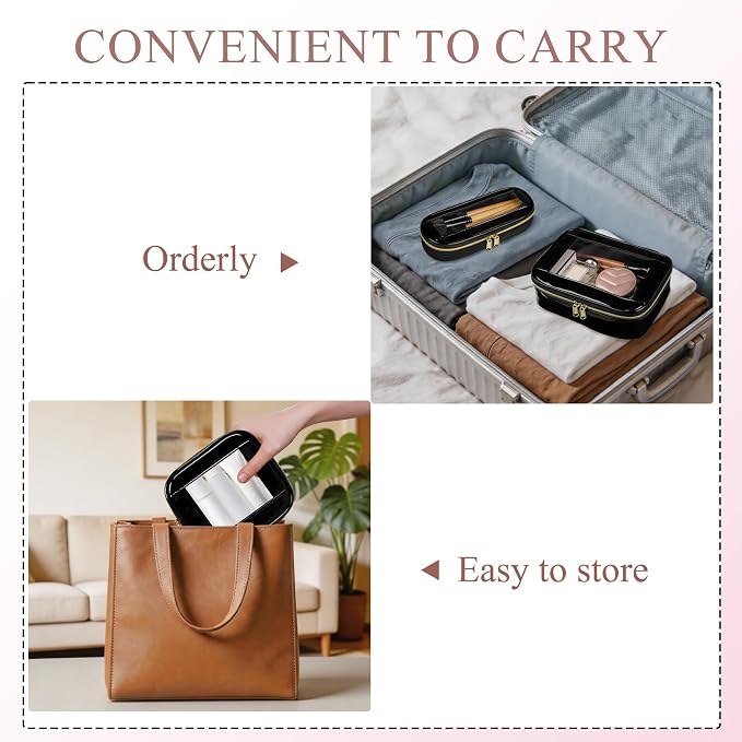 3-Piece Travel Clear Makeup Bag Set, Small Cosmetic Bag with Makeup Brush Case, Leather Waterproof TSA Approved Toiletry Bag with Zipper, Car Organization for Women (Black-2, Mini+Slim+Medium) - Image 6