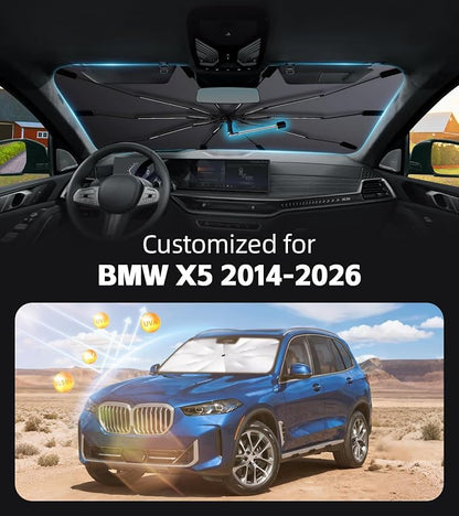 Windshield Sun Shade for BMW X5 2014-2026 with 360° Rotating Shaft | Custom Fit Umbrella Sunshade for UV Blocking, Interior Heat Protection, Easy Storage, UPF 50+ Cool Windshield Cover - Image 2