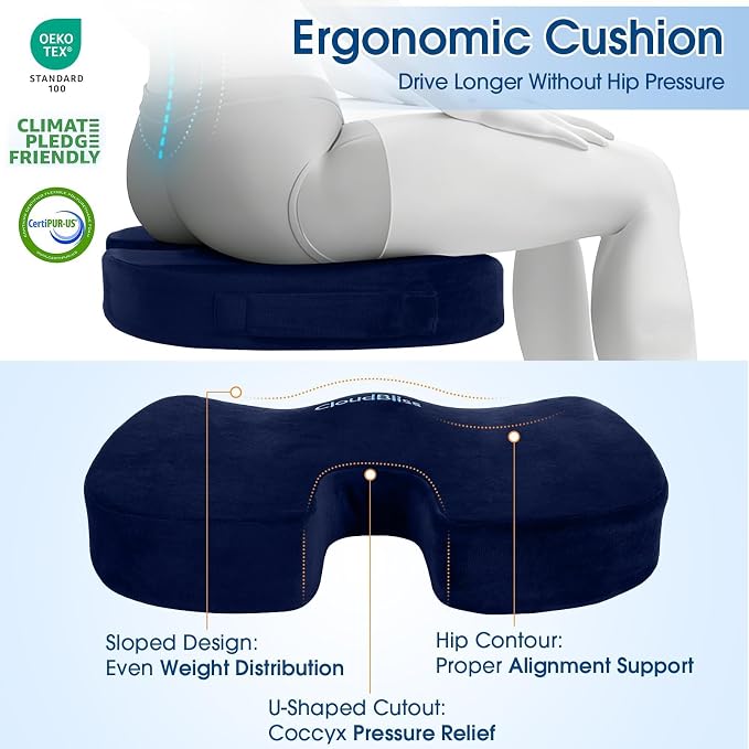 CloudBliss Ergonomic Seat Cushion & Lumbar Support Pillow Set, Blue, Large | Back Pain & Sciatica Relief, Memory Foam Support, Adjustable Straps, Machine Washable Velvet, Perfect for Office, Car, Gaming - Image 6