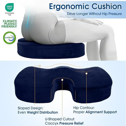 CloudBliss Ergonomic Seat Cushion & Lumbar Support Pillow Set, Blue, Large | Back Pain & Sciatica Relief, Memory Foam Support, Adjustable Straps, Machine Washable Velvet, Perfect for Office, Car, Gaming - Image 6