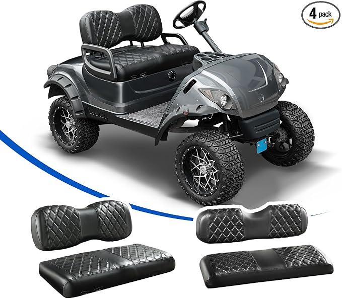 NOKINS Golf Cart Seat Covers 4 Piece Fits Yamaha Drive G29 /Drive2 | Front and Rear Seat Vinyl Covers, Golf Cart Accessories, No Staples(Black&Black Stitch) by NOKINS-GolfCartPartsFactory