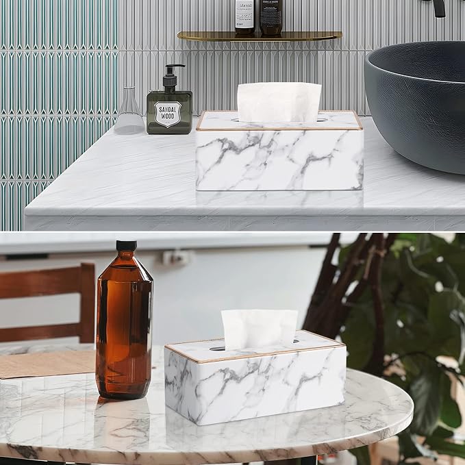 Tissue Box Cover Rectangular, PU Leather Tissue Box Holder for Kleenex, Napkin, Rectangle Tissue Box Covers, Tissue Holder for Bathroom Car Home Decorative 9.84"X5.23"X3.77" - Phnom Penh Marble - Image 4