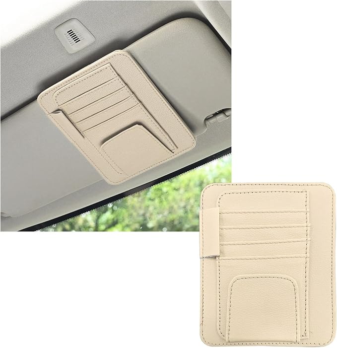 Dickno Small Leather Car Sun Visor Organizer, Multifunctional Auto Visor Document Holder with Sunglasses Clip, Universal Car Interior Organizer for Drving License, Card, Pen (Beige) by Dickno
