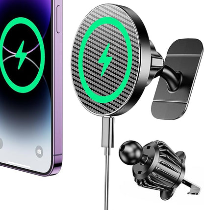 Coolpow Magsafe Car Mount Charger, Magnetic Wireless Car Charger for iPhone | Magsafe Car Charger Magnetic Phone Holders for Your Car Accessories Car Phone Holder Mount for iPhone 17 16 15 (Carbon Fiber) by Coolpow