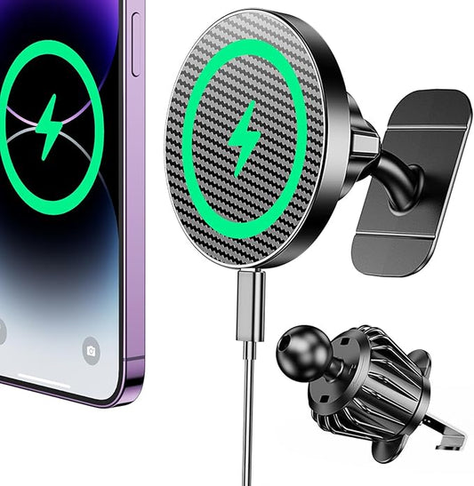 Coolpow Magsafe Car Mount Charger, Magnetic Wireless Car Charger for iPhone | Magsafe Car Charger Magnetic Phone Holders for Your Car Accessories Car Phone Holder Mount for iPhone 17 16 15 (Carbon Fiber) by Coolpow