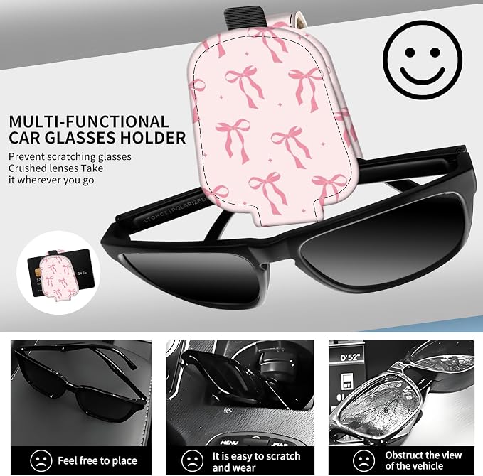 Leather Magnetic Sunglass Holder for Car Sun Visor, Cute Eyeglass Ticket Card Hanger Clip, Universal Auto Interior Accessories for SUV Pickup Truck, Pink Bow - Image 2