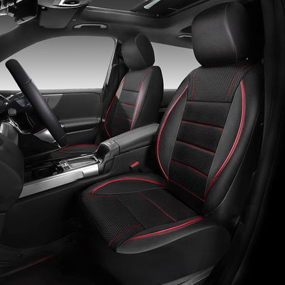 CAR PASS Mesh Leather Car Seat Covers Full Set,Breathable Mesh Faux Leather Seat Covers for Car, Universal Fit for SUV Truck Sedan Automotive, Airbag Compatible, Black and Red - Image 2