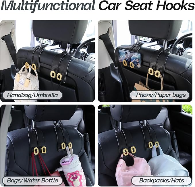Car Headrest Hooks Universal Car Purse Hook Premium Leather and Alloy Twin Hook Car Seat Back Storage Hanger Hook for Purse Bags Cloth Drink Durable Holder Car Accessories (BH09-Black-Gold-4 Pcs) - Image 4