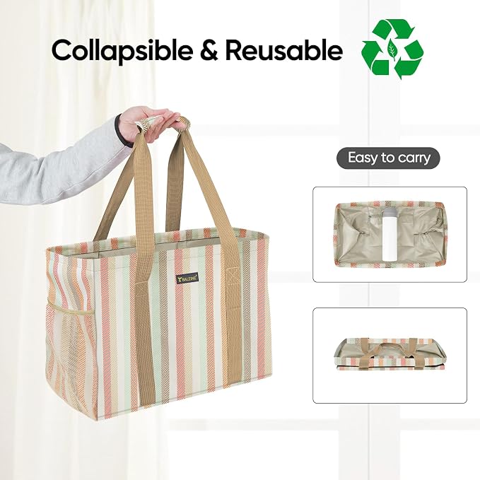 BALEINE Extra Large Utility Tote Bag with Reinforced Wire Frame, Reusable Grocery Bag for Shopping, Picnic (Color Strip, 16.5''x14''x10'') - Image 5