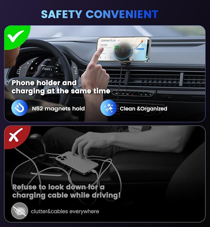 Magnetic Car Mount Charger 15W Magnetic Wireless Car Charger for iPhone 17 Accessories Magnetic Phone Holder for Car 3 in 1 Magnetic Car Mount for iPhone17Pro/16/15/14/13/12 Series Gifts for Men Women | N52 Strong Magnets, 360° Rotation, Dashboard & Ve... - Image 8