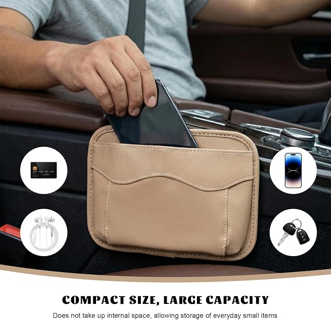 Car Seat Side Pocket Organizer, Multifunctional Auto Console Door Window Side Pocket Seats Storage Pouch, Leather Seat Gap Filler Organizer Pen Phone Holder for Most Vehicles (Beige) - Image 4