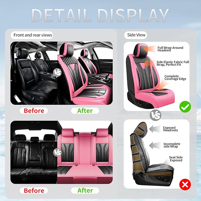 Fit FJ Cruiser Premium Leather Car Seat Covers for Toyota FJ Cruiser 2007-2013 2014 - Waterproof，Breathable，All-Weather Seat Cushion Protecto & Airbag Compatible, 2 Front Seat Pink&Black - Image 6