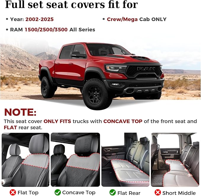 Truckiipa Seat Covers for Dodge Ram 1500 Full Set, Full Coverage Waterproof Leather Protectors Pickup Truck Accessories, Custom Fit for 2002-2026 Ram 1500 2500 3500 Crew Mega Cab, Red - Image 2