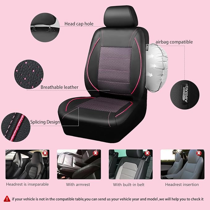 CAR PASS Piping PU Leather Car Seat Cover Full Set,Inside Zipper Design and Reserved Opening Holes，Airbag Compatible,Universal FIT for Car, SUVs,Van,Trucks（Full Set, Black & Pink） - Image 5