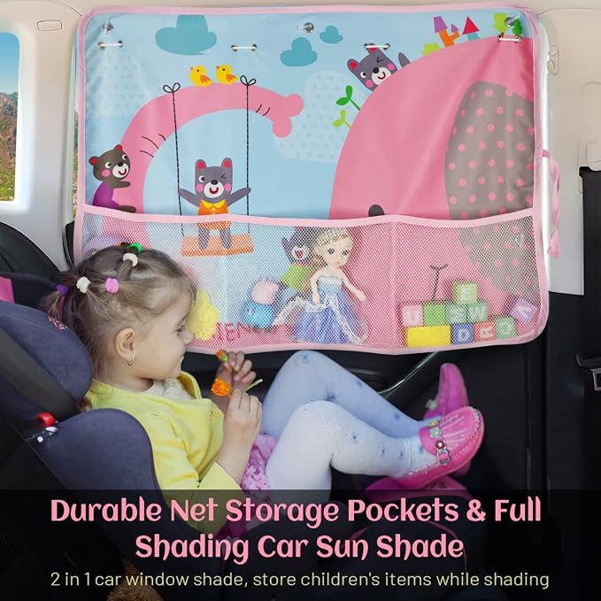 DIZA100 Car Sun Shade for Window Baby, 2 Pack Full Shade Window Shades with Storage Net Pocket, 7 Suction Cups, Cute Elephant for Sun/Heat/UV Rays Protection, Kids - Image 2