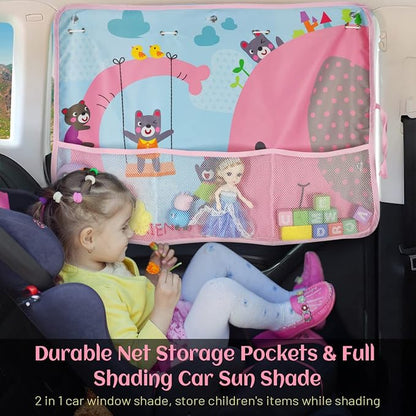 DIZA100 Car Sun Shade for Window Baby, 2 Pack Full Shade Window Shades with Storage Net Pocket, 7 Suction Cups, Cute Elephant for Sun/Heat/UV Rays Protection, Kids - Image 2