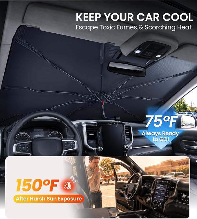 Zanch 2026 Upgraded Car Windshield Sun Shade [Cool Down by 75℉ ] with Heat Insulation Coating, Foldable Sunshade Umbrella with Flexible Handle & Ribs, Large (34''x61'') for Large SUV, Truck, Van - Image 2