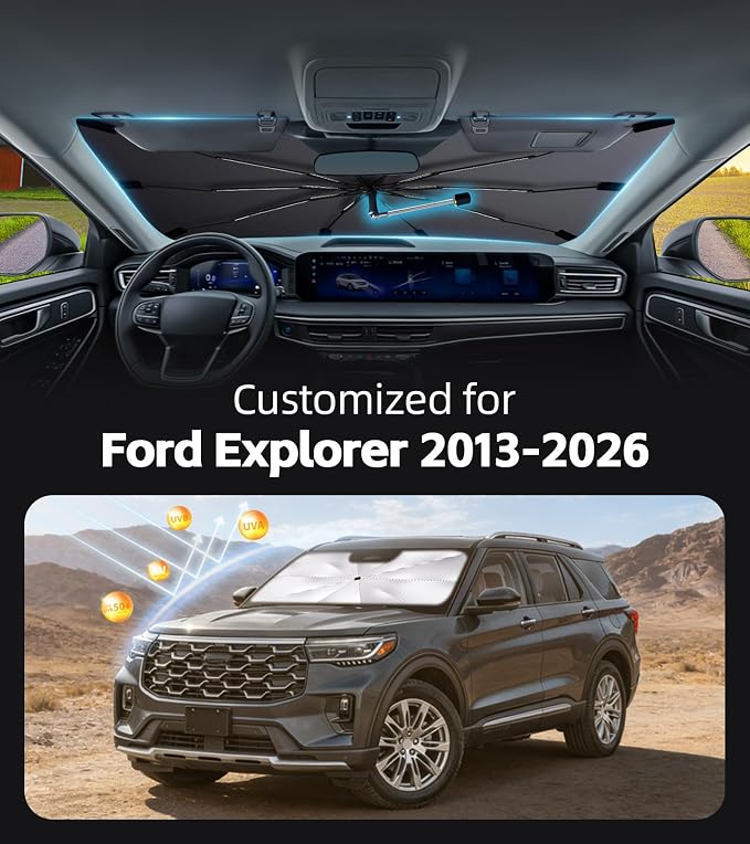 Windshield Sun Shade for Ford Explorer 2020-2026 with 360° Rotating Shaft | Custom Fit Umbrella Sunshade for UV Blocking, Interior Heat Protection, Easy Storage, UPF 50+ Cool Windshield Cover - Image 2