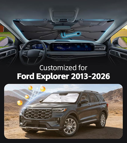 Windshield Sun Shade for Ford Explorer 2020-2026 with 360° Rotating Shaft | Custom Fit Umbrella Sunshade for UV Blocking, Interior Heat Protection, Easy Storage, UPF 50+ Cool Windshield Cover - Image 2