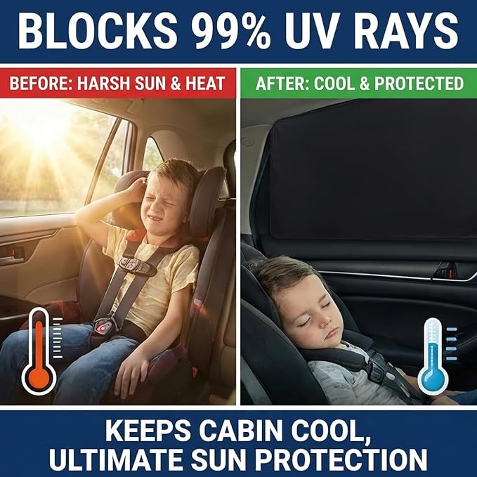 XCBYT Magnetic Car Window Shades for Rear Windows, 100% Blackout Privacy | 2-Pack Heat & UV protection for camping, baby sleep, work break, road trip. Fits steel frames only, measure size before buy - Image 3