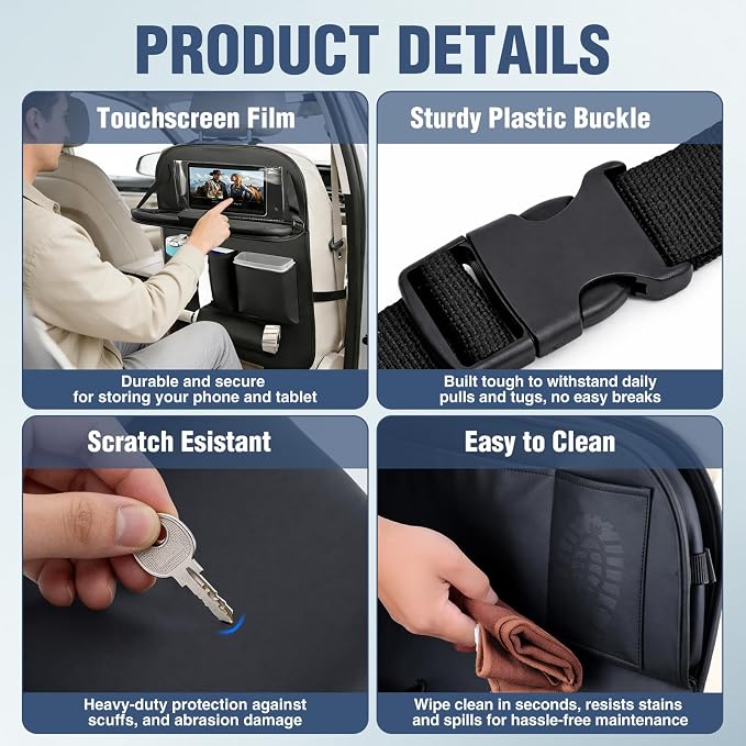 Nilight Car Seatback Organizer 2PCS Black PU Leather Universal | Foldable Tray Tablet Holder Tissue Box Removable Bucket Waterproof Storage Bag for Cars Vans SUVs MPVs Pickup Trucks - Image 6