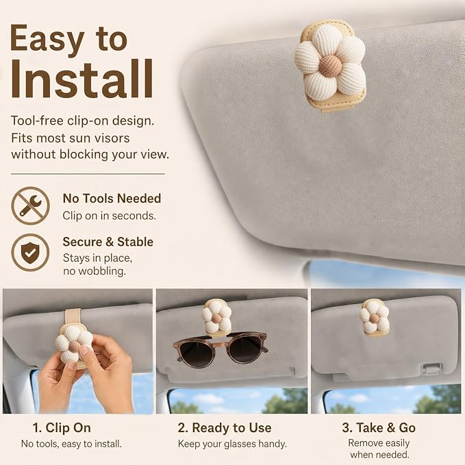 Flower Magnetic Sunglass Holder for Car Visor Fits Women (Beige) | Anti-Scratch Car Sunglass Holder Clip for Multiple Sizes of Glasses,Tool-Free Sunglasses Clip for Car Visor as Gift - Image 6