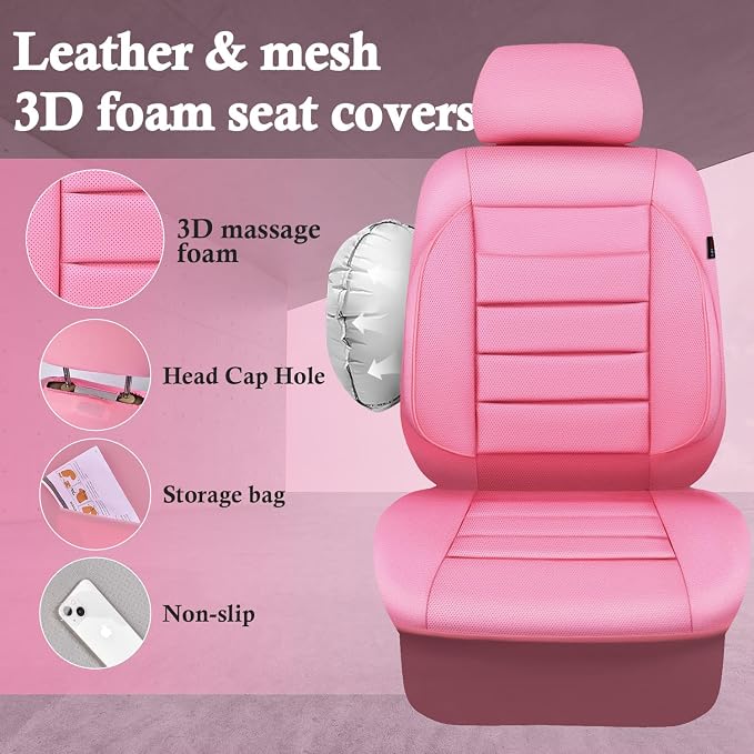 CAR PASS Pink Leather Seat Covers Full Set Universal Water Resistant 3D Foam Back Support, Luxury Comfort Automotive 5 Seat Covers for Women All Season Fit SUV,Sedan,Van, Airbag Compatible Pink - Image 3